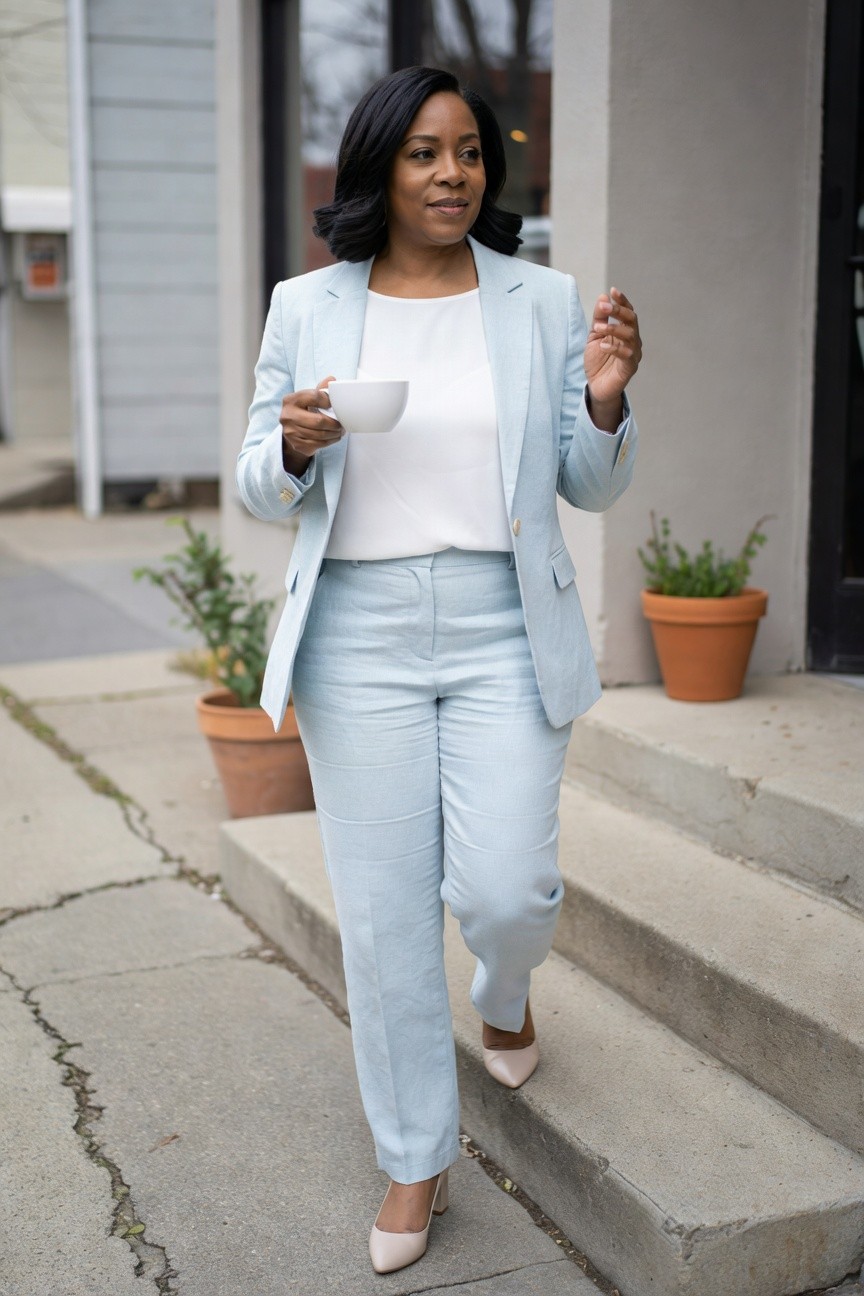 Light Blue Pantsuit With A White Top