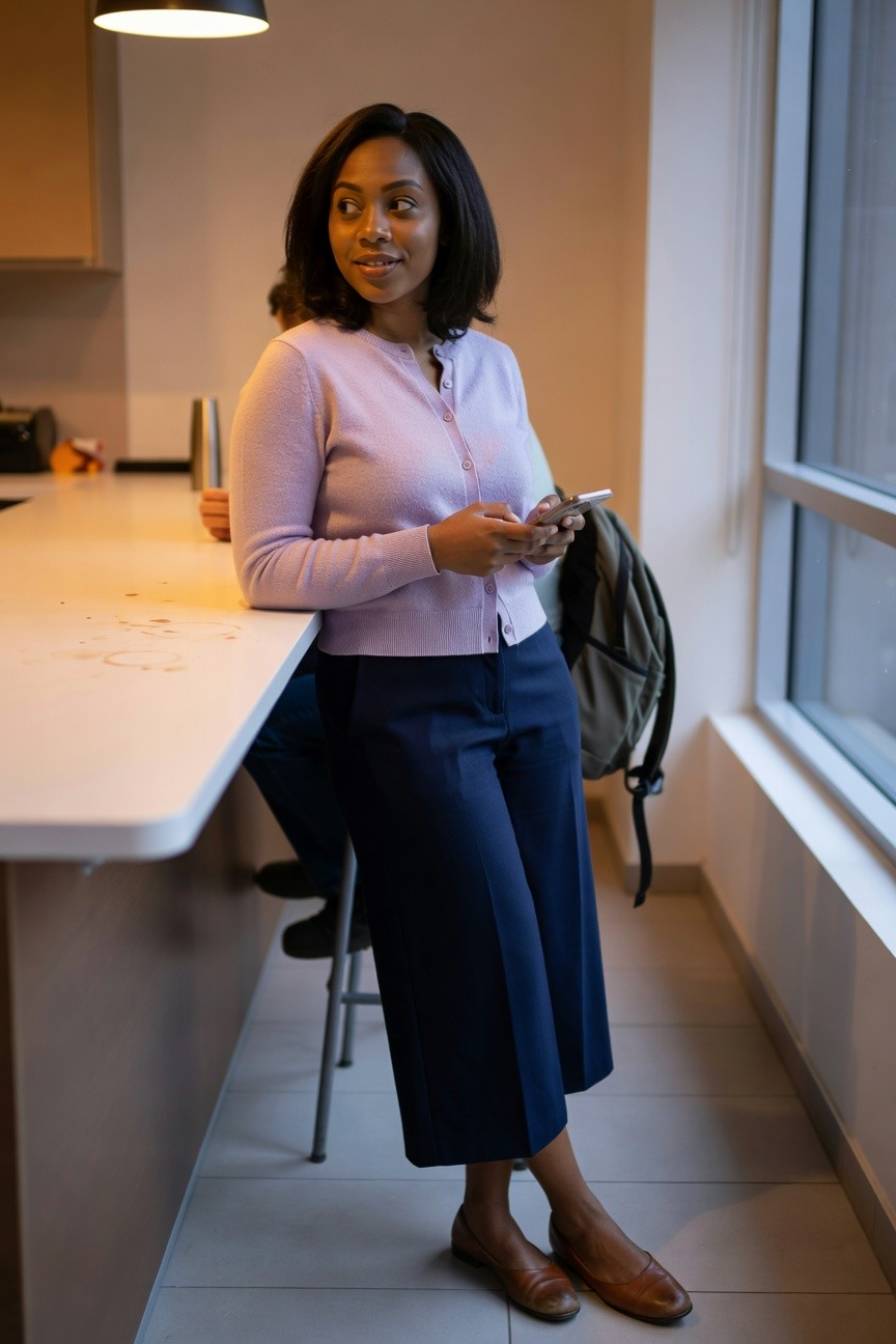 Pink Cardigan With Navy Culottes