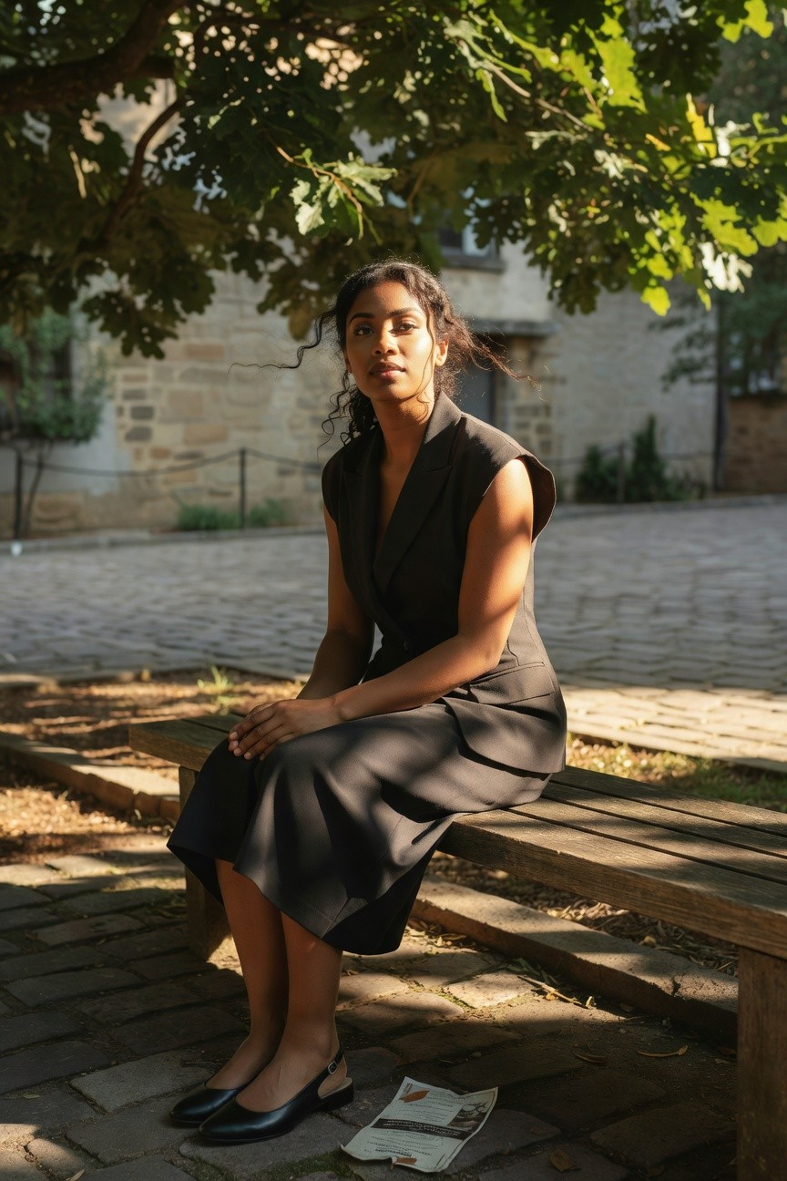 Black woman wearing a sleeveless tailored black midi dress with wrap front detail and pointed toe flats seated on a wooden bench outdoors.