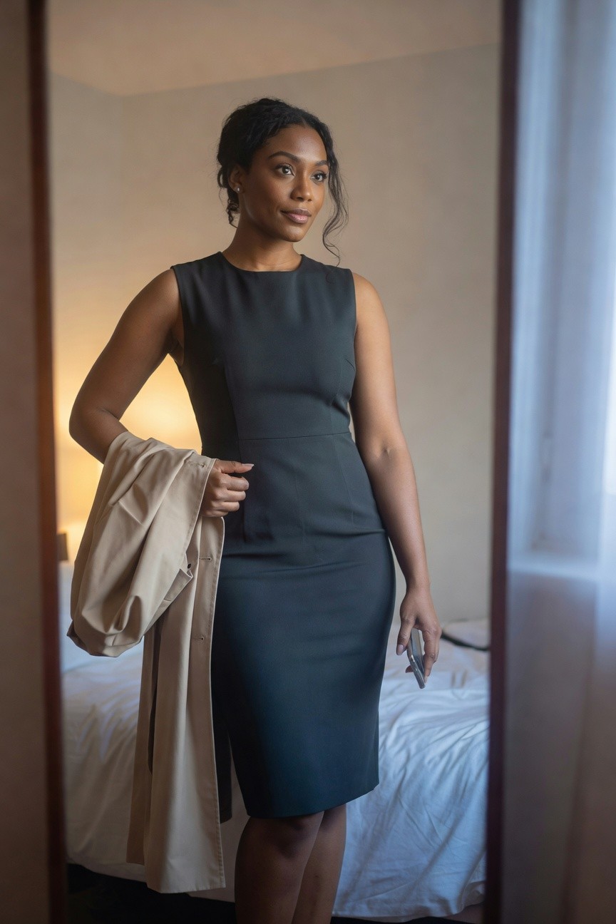 Black woman in a fitted sleeveless dark green sheath dress holding a beige trench coat over one arm and a phone in the other hand.