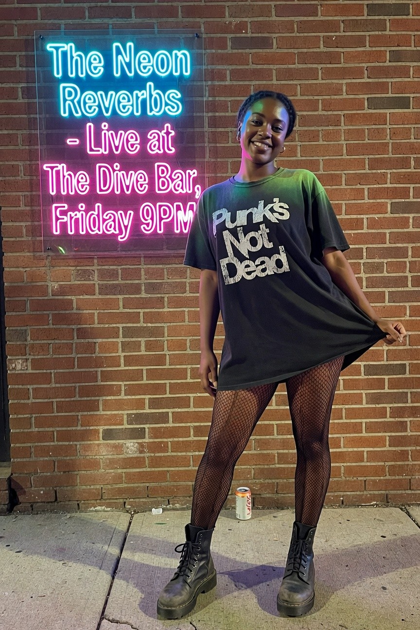 Woman wearing oversized black graphic tee with punk text, fishnet tights, and black combat boots while posing in front of neon sign