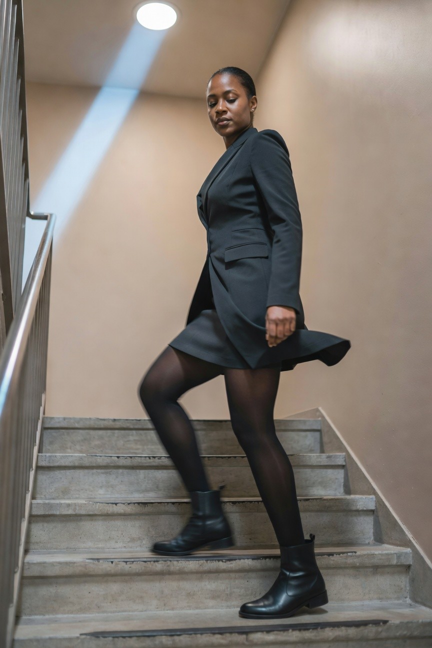 Black Blazer And Skirt With Tights And Boots