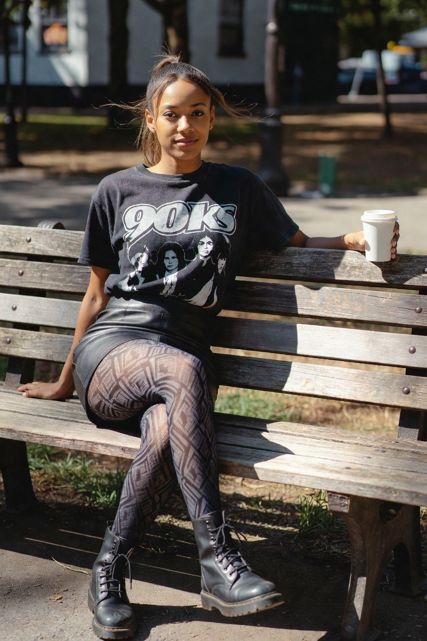 Black Graphic Tee And Leather Skirt