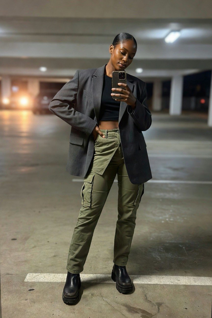 Blazer Layered Over Cargo Pants
