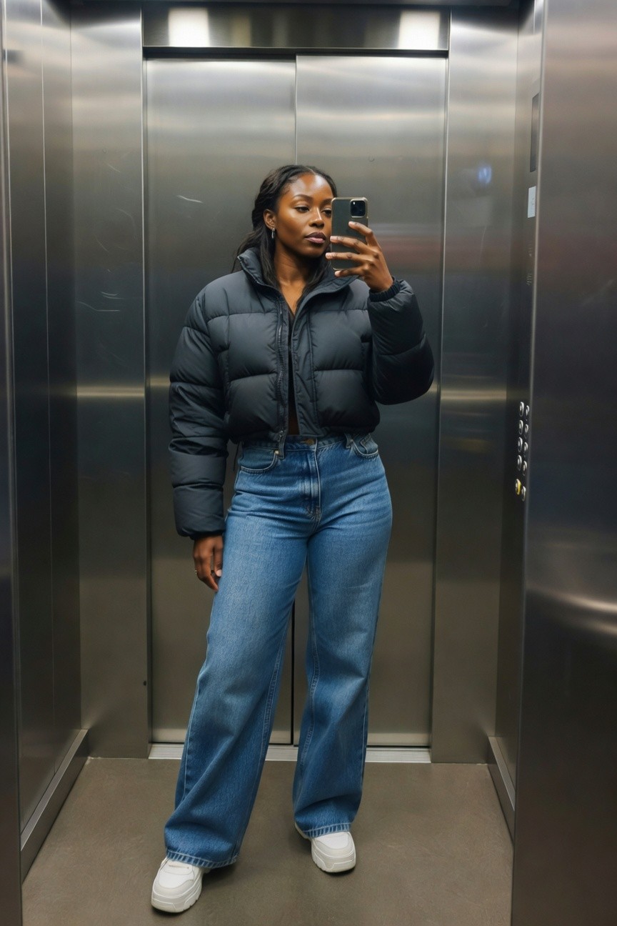 Cropped Black Puffer Jacket With Wide Leg Jeans