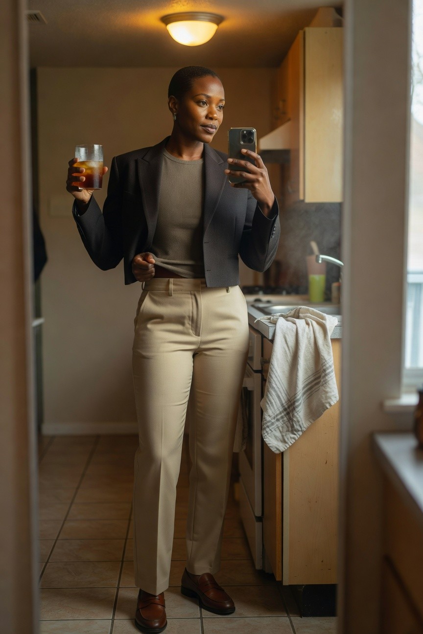 A Black woman stands in a kitchen taking a mirror selfie while wearing a cropped charcoal blazer over a taupe ribbed top, high waisted beige trousers, and brown loafers, holding a glass of soda in one hand and a phone in the other.
