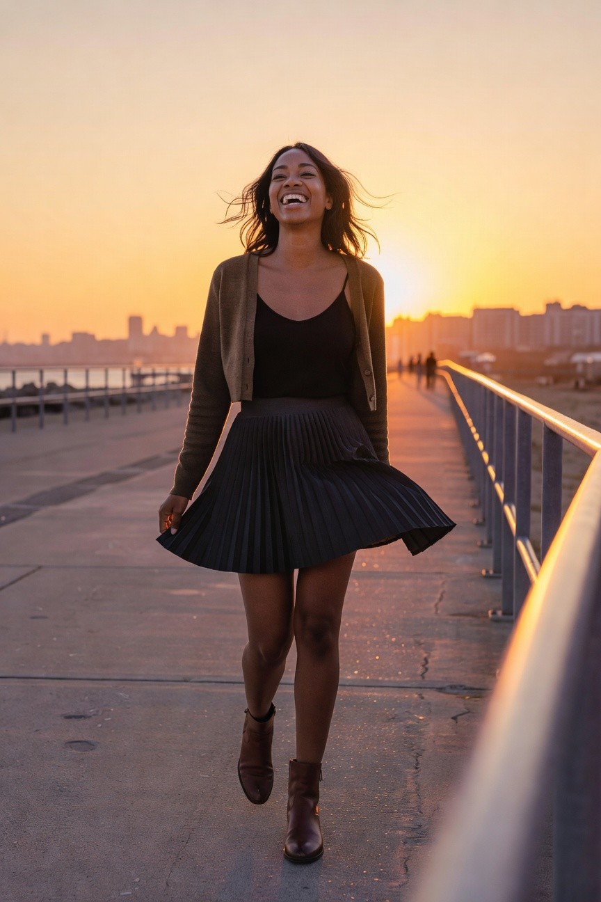 Cropped Cardigan Over Tank And Pleated Skirt