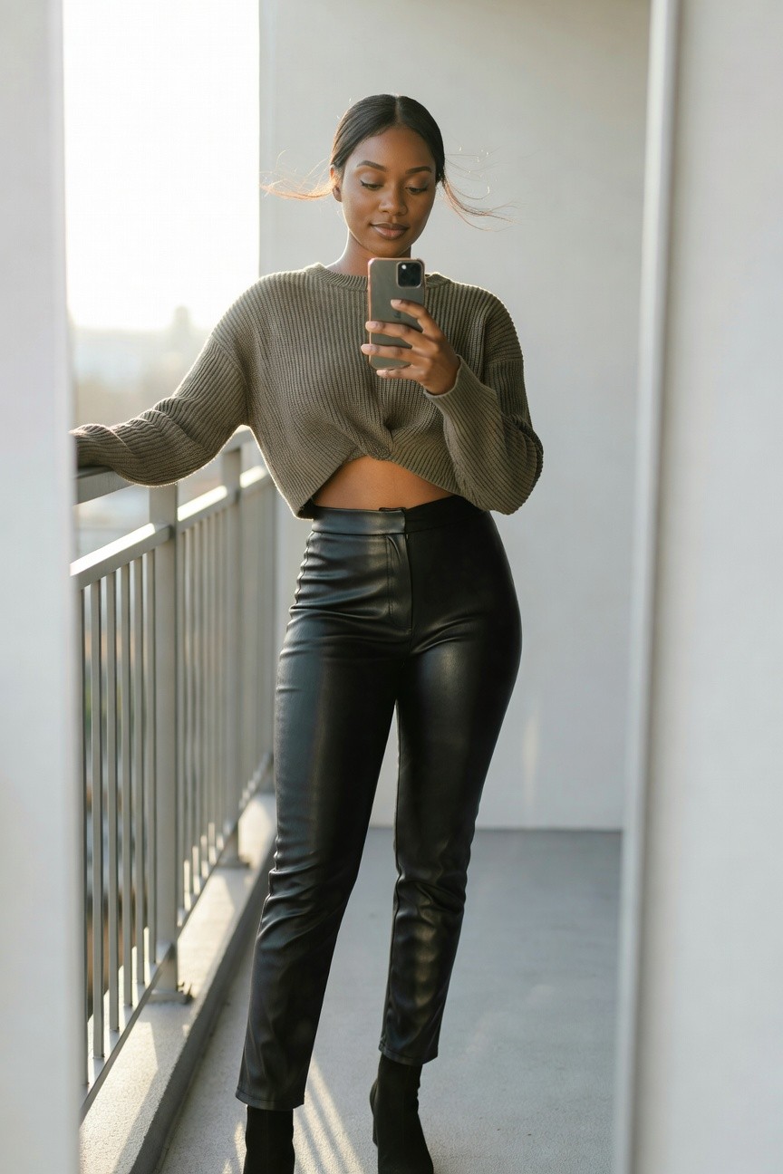 Cropped Knit Sweater With Leather Pants