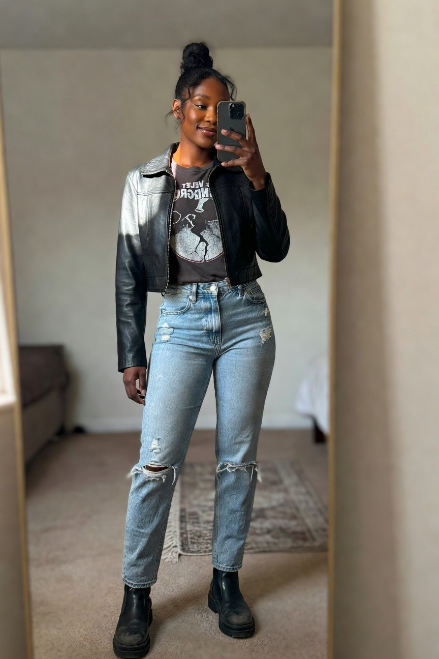 Cropped Leather Jacket And Ripped Mom Jeans