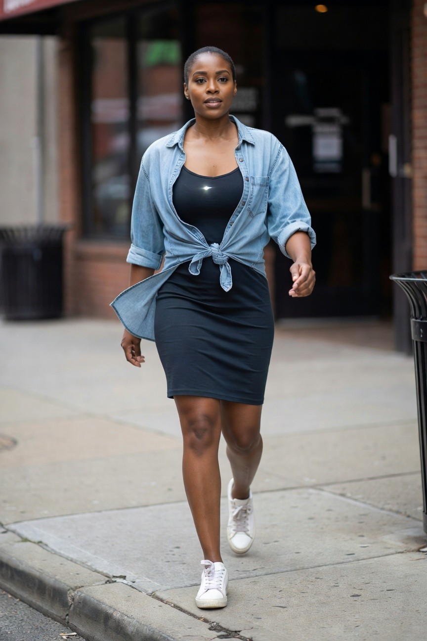 Denim Shirt Over A Fitted Dress