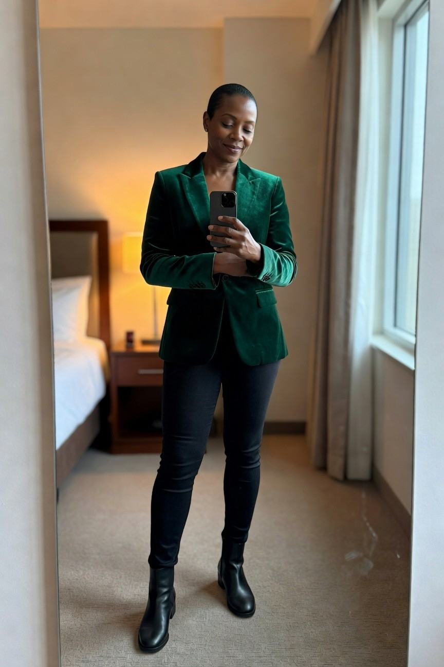Green Velvet Blazer And Jeans