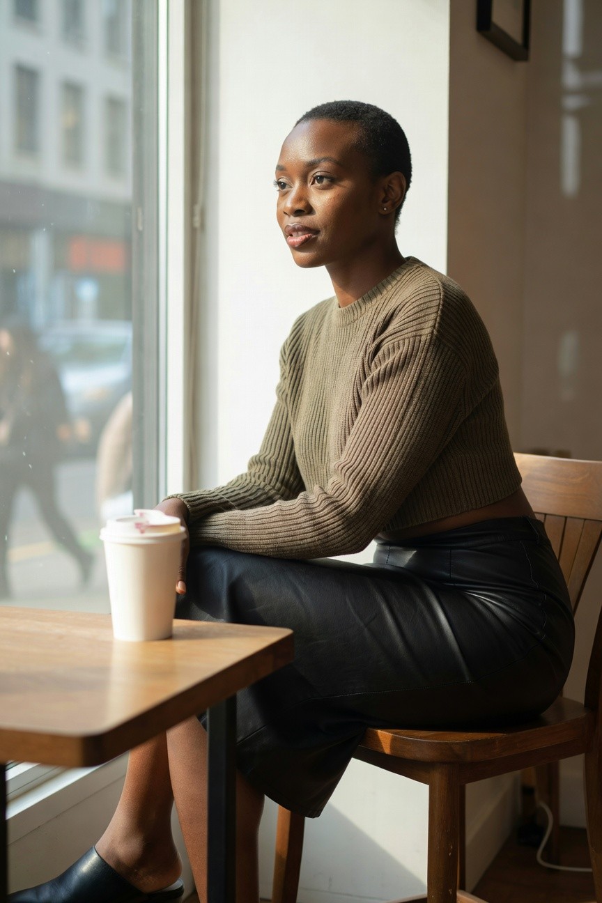 Knit Crop Top Over A Leather Skirt