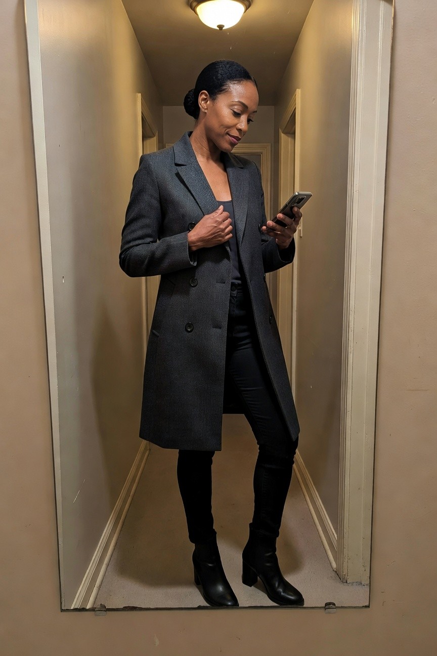 Woman wearing a long double-breasted gray coat over a dark top and black pants with black heeled ankle boots while checking a phone