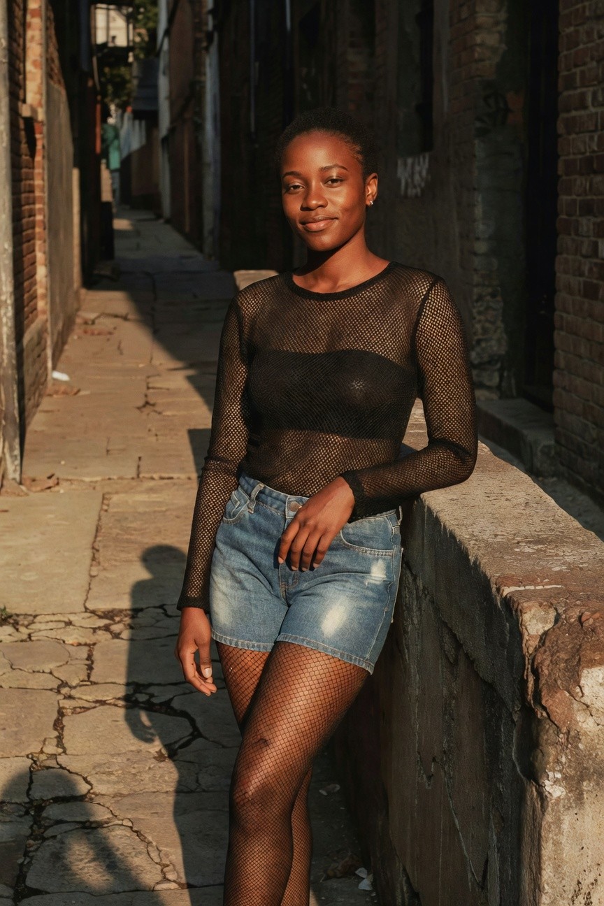 Mesh Top With Denim Shorts