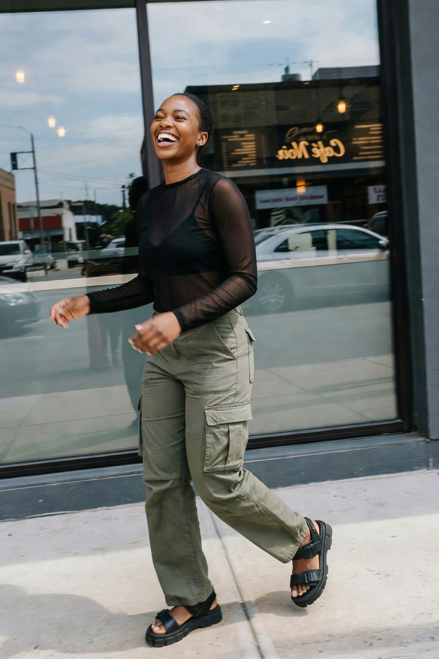 Sheer Black Top With Green Cargo Pants