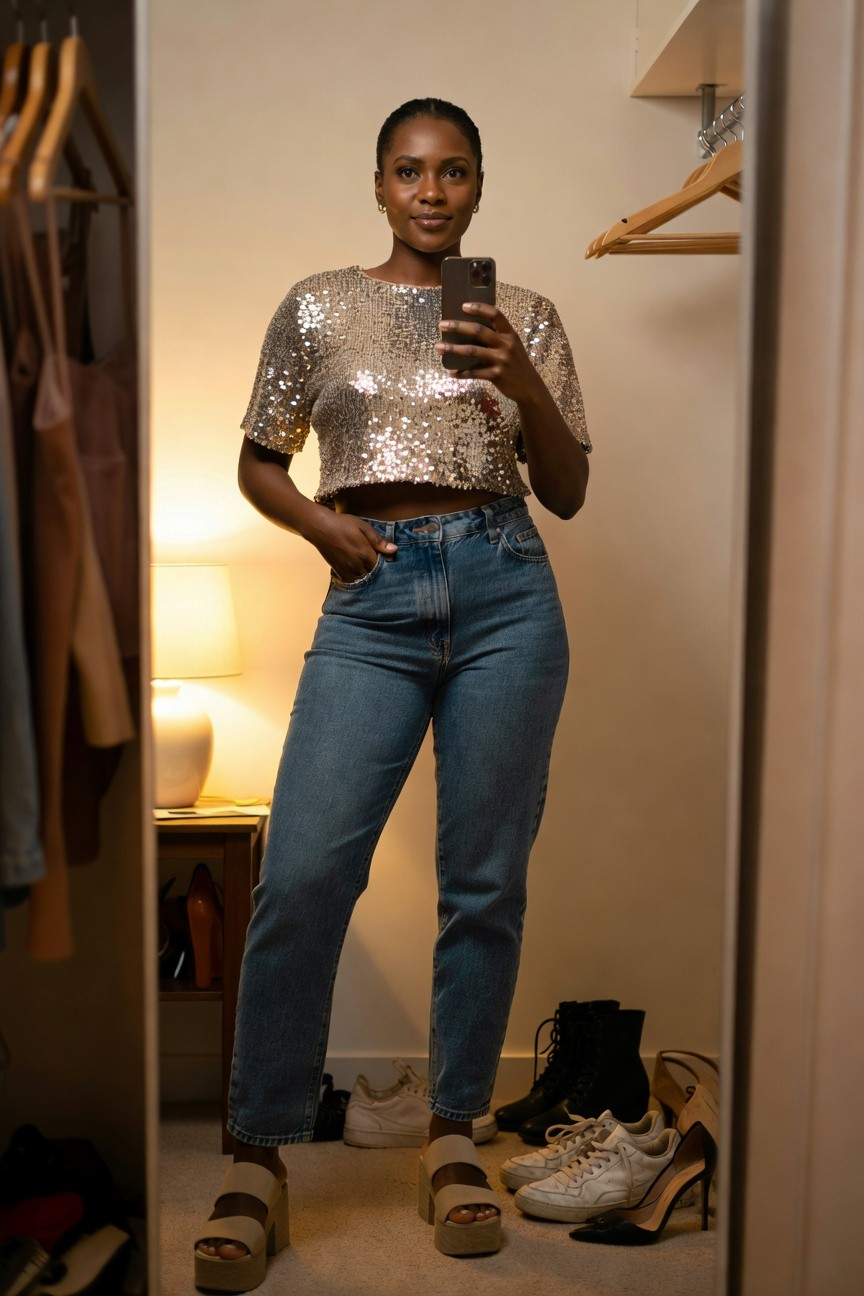 Silver Sequin Top And Blue Jeans