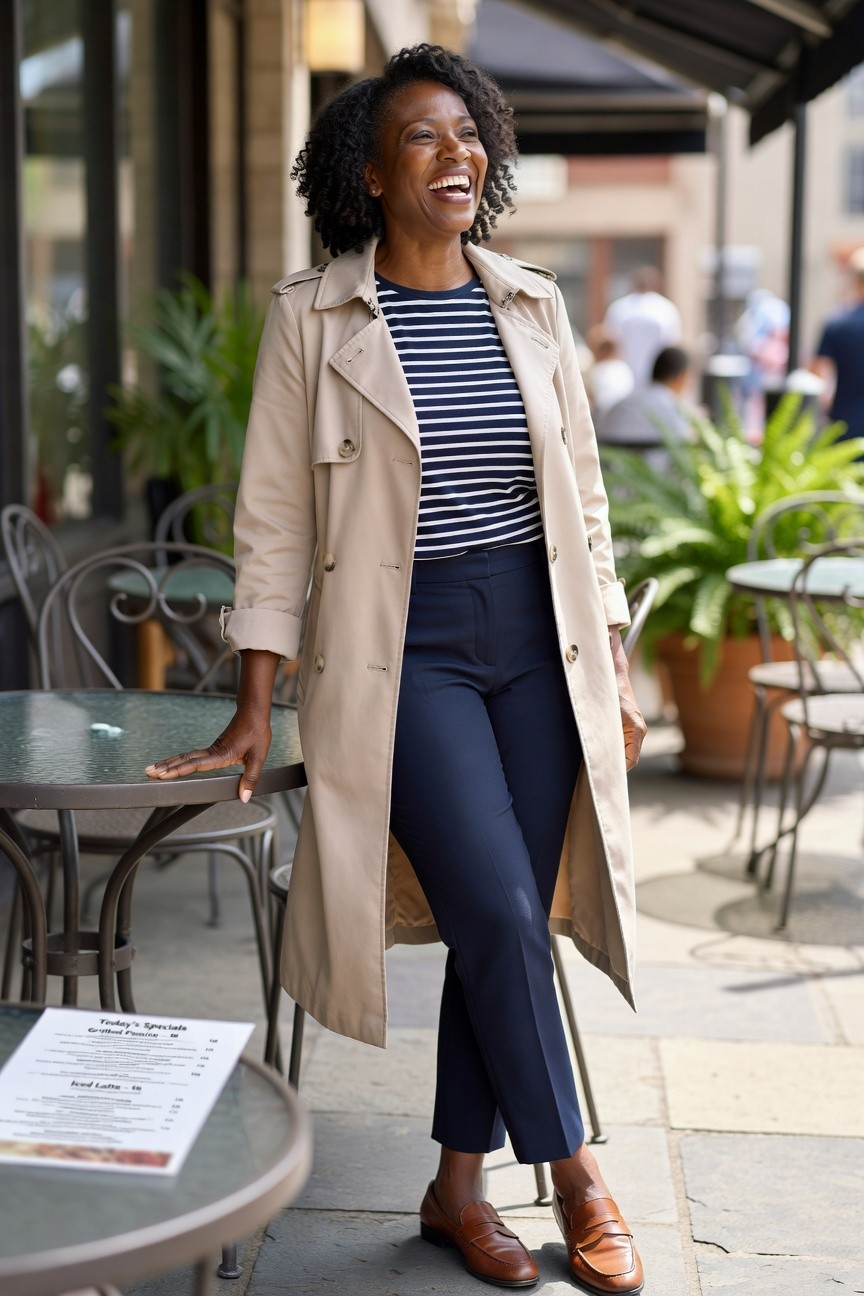 Trench Coat Layered Over Stripes With Navy Pants