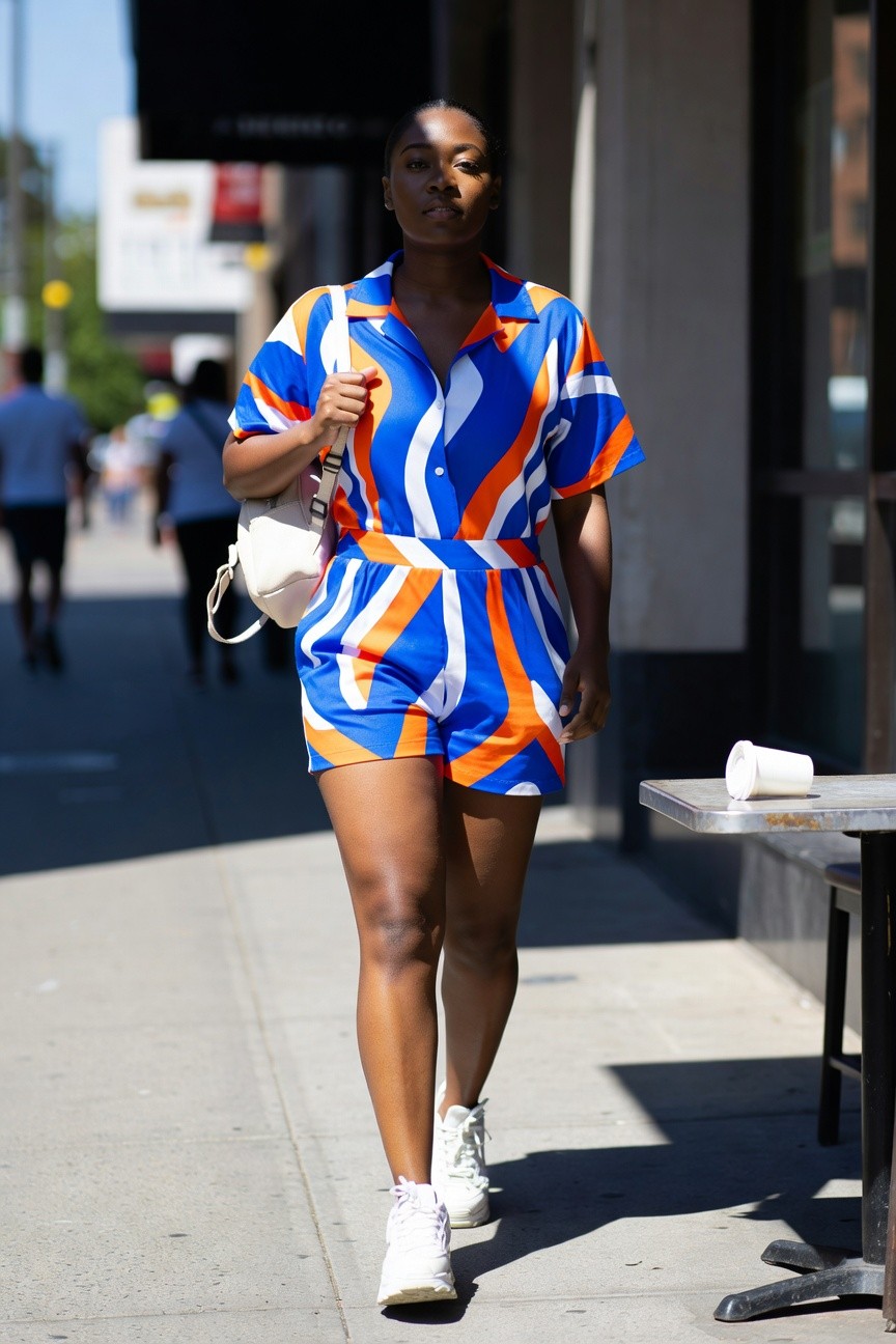 Bold Geometric Romper With White Sneakers