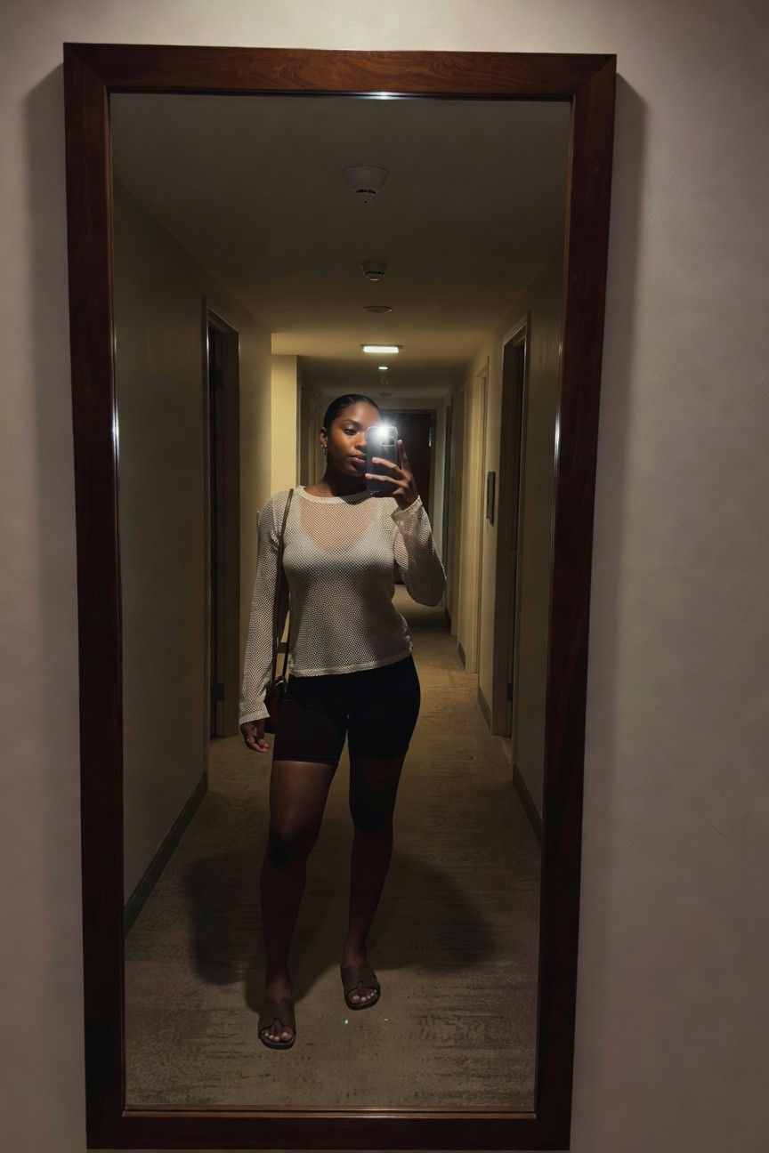 Cream Mesh Top And Black Shorts