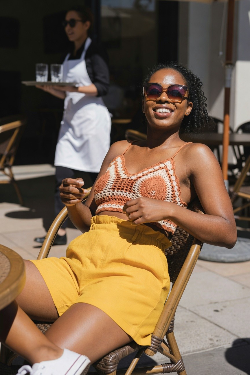 Woman in an orange and white crochet crop top paired with yellow high waisted shorts and white sneakers seated outdoors at a cafe table.