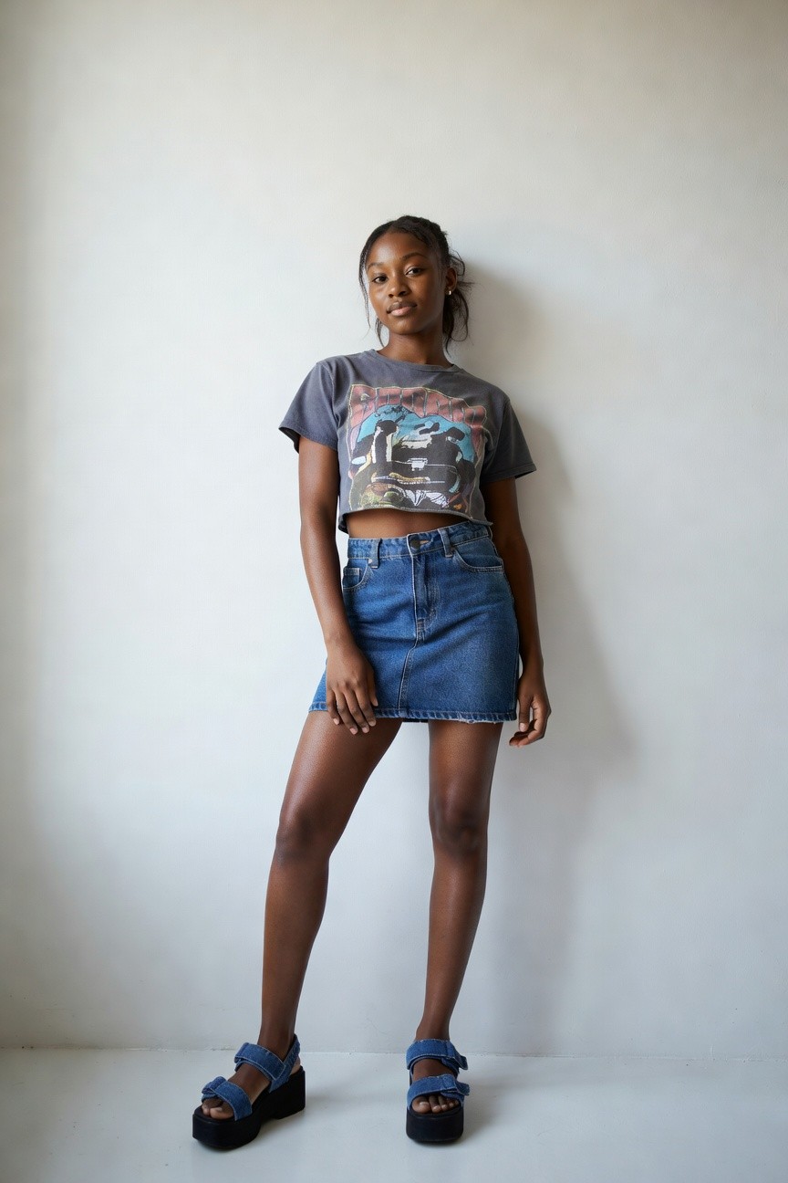Cropped Graphic Tee And Denim Skirt