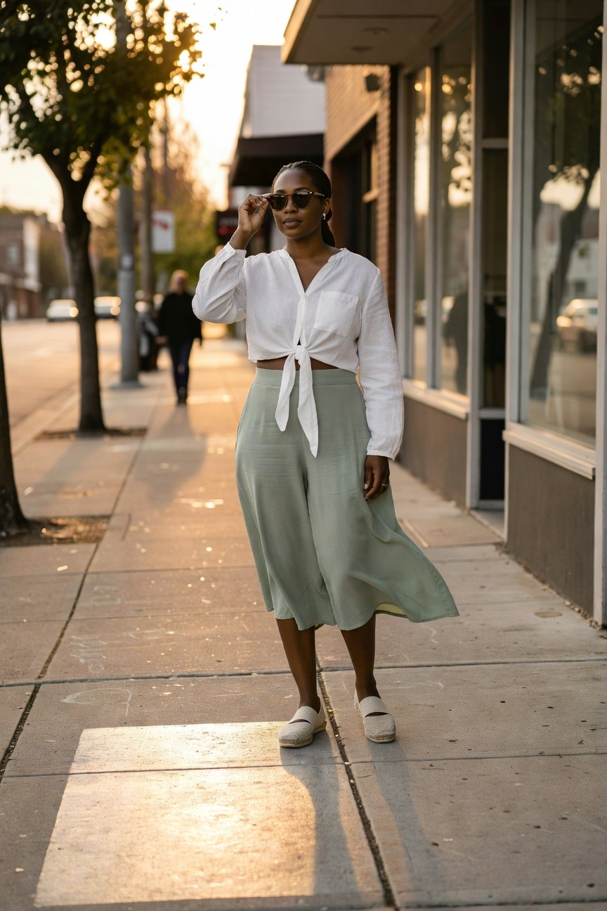Cropped White Shirt And Flowy Green Skirt