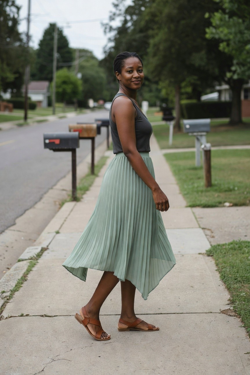 Gray Tank With Sage Pleated Skirt