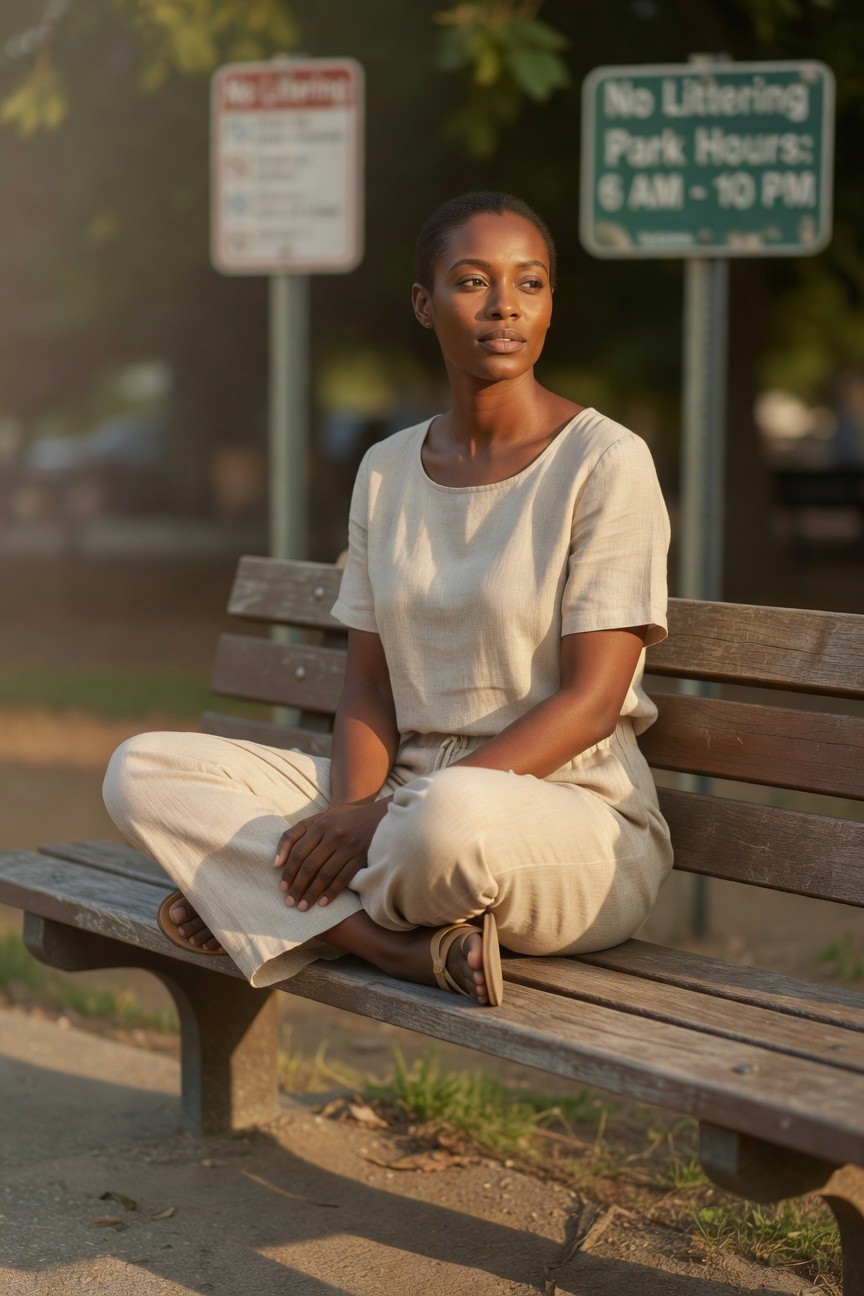 Woman seated on a park bench wearing a matching beige short-sleeve linen top and relaxed wide-leg pants with flat sandals in a simple neutral summer outfit.