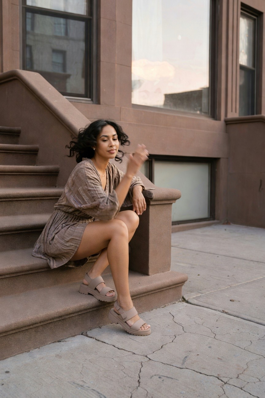 Short Neutral Dress With Platform Sandals