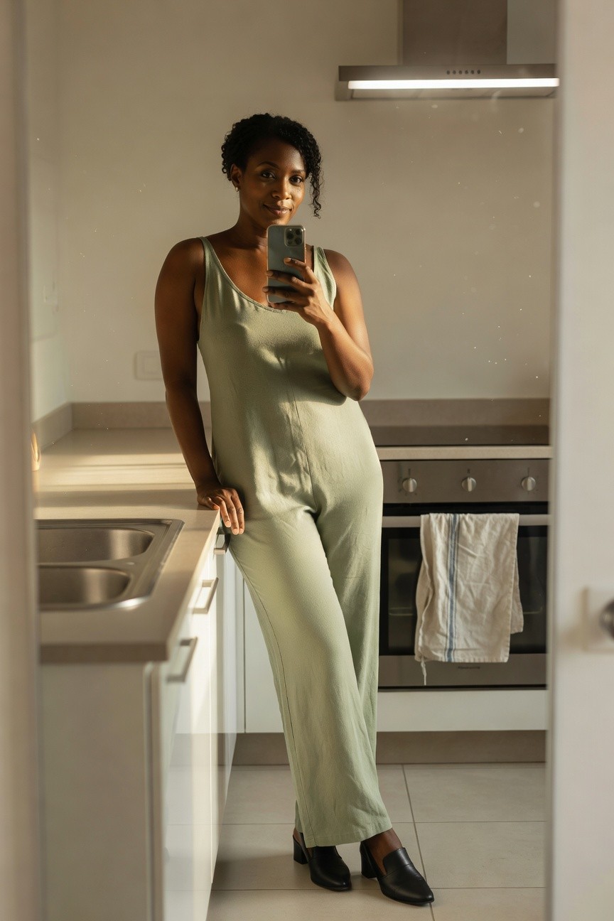 Soft Green Jumpsuit With Black Heels