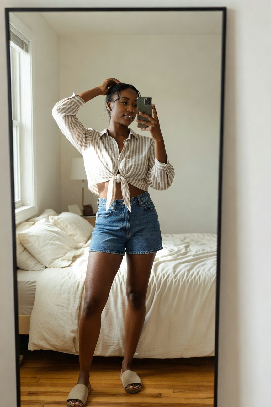 Black woman taking a mirror selfie while wearing a tied beige striped button-up shirt, blue denim shorts, and beige slides.