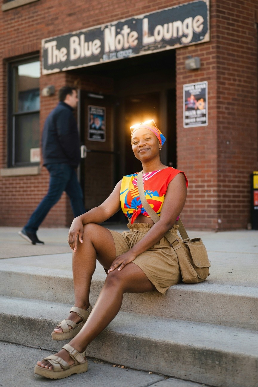 Vivid Print Top With Tan Shorts For Summer Shows