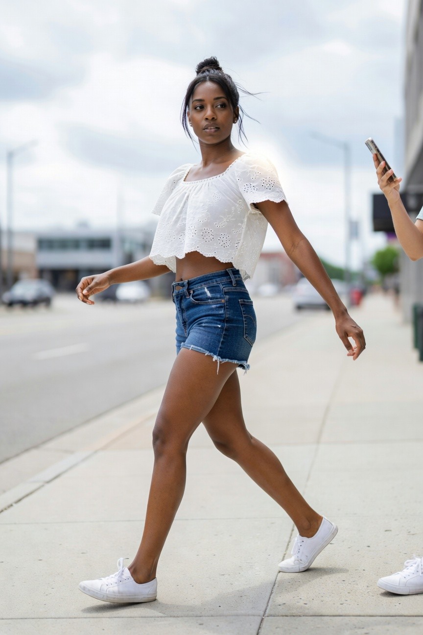 White Crop Top With Denim Shorts