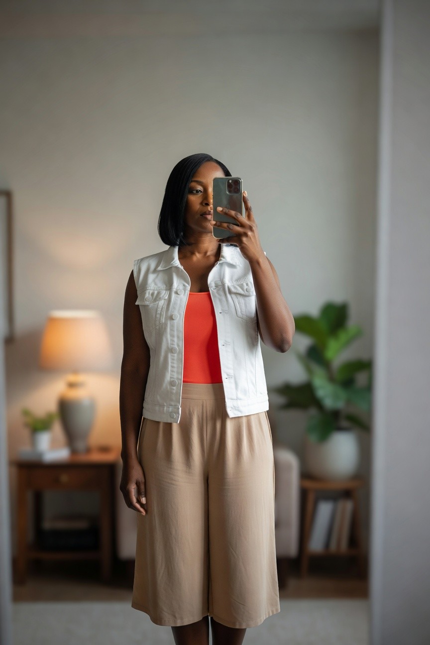 White Denim Vest Over Coral Top And Wide Shorts