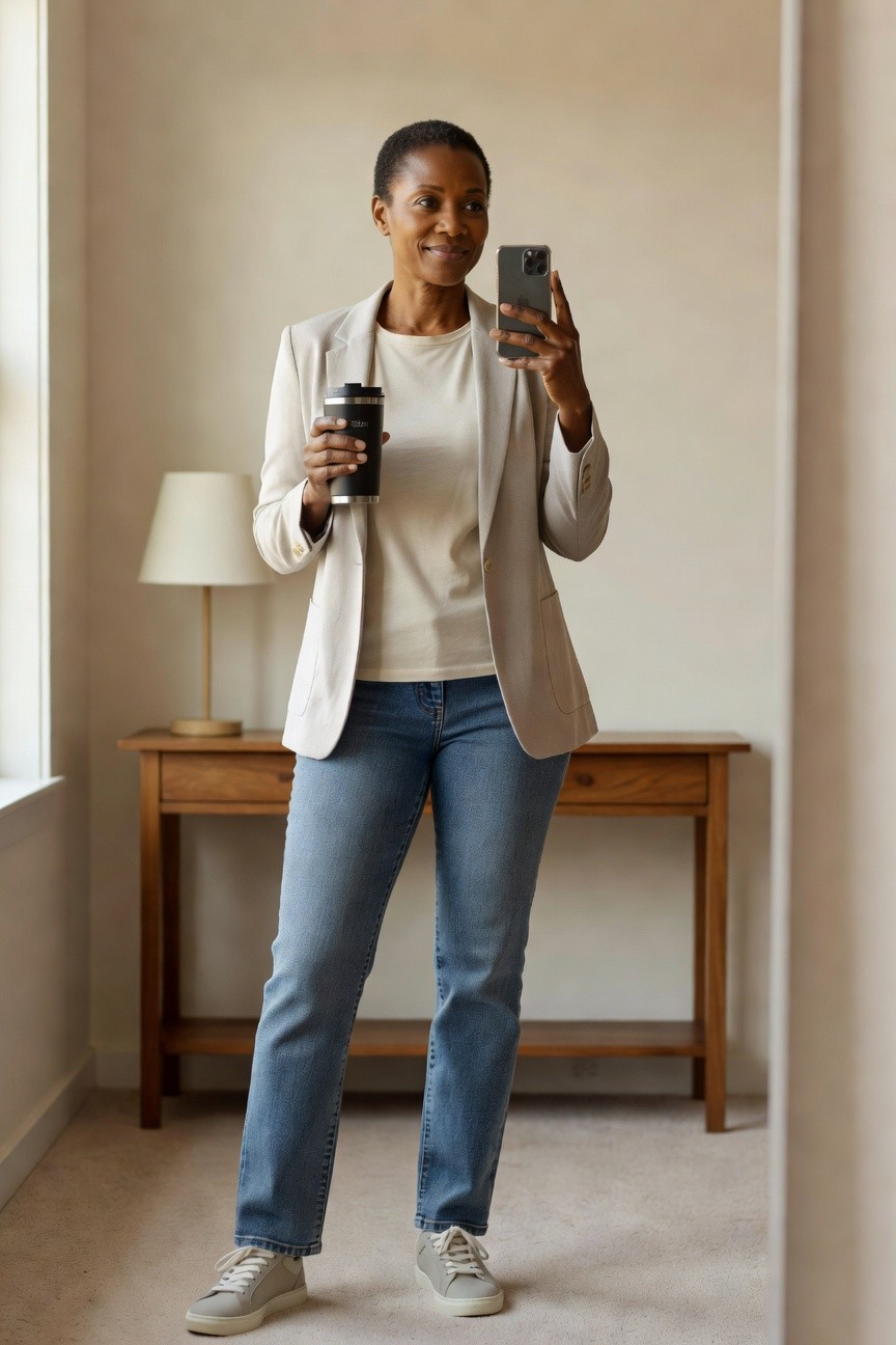 A Black woman wearing a white blazer over a cream t-shirt with blue jeans and light sneakers while holding a phone and travel mug.