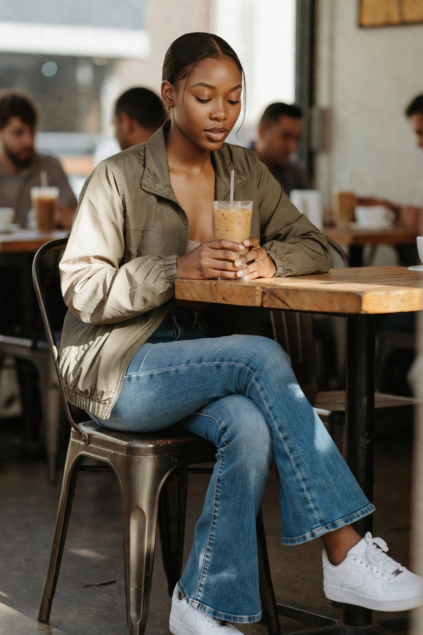 Bomber Jacket Over Wide Leg Jeans