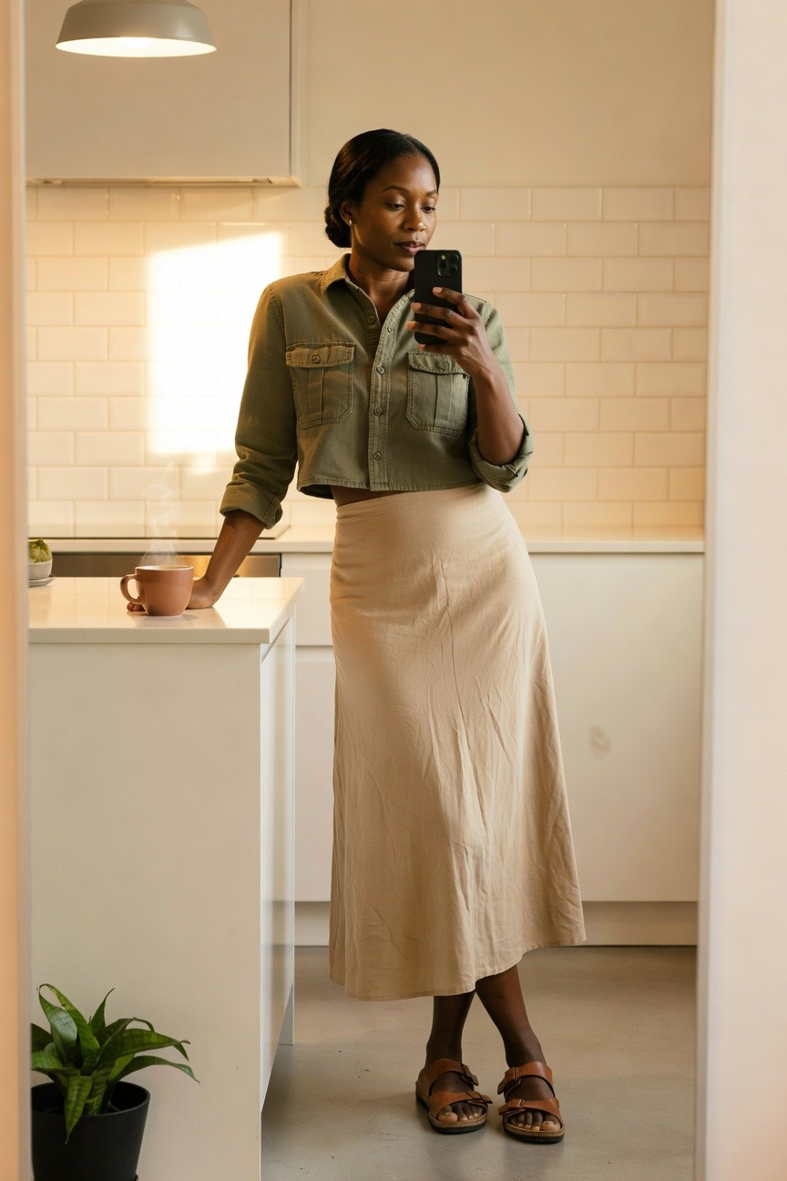 Cropped Green Shirt And Beige Midi Skirt