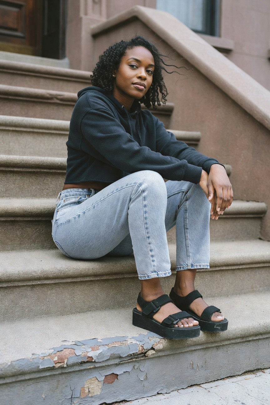 Cropped Hoodie With Jeans And Platform Sandals
