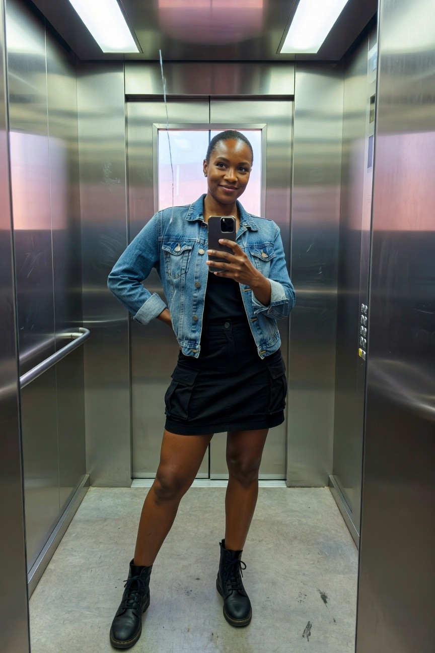 A woman stands in an elevator wearing a blue denim jacket over a black top and black cargo mini skirt paired with black lace-up combat boots while holding a smartphone.