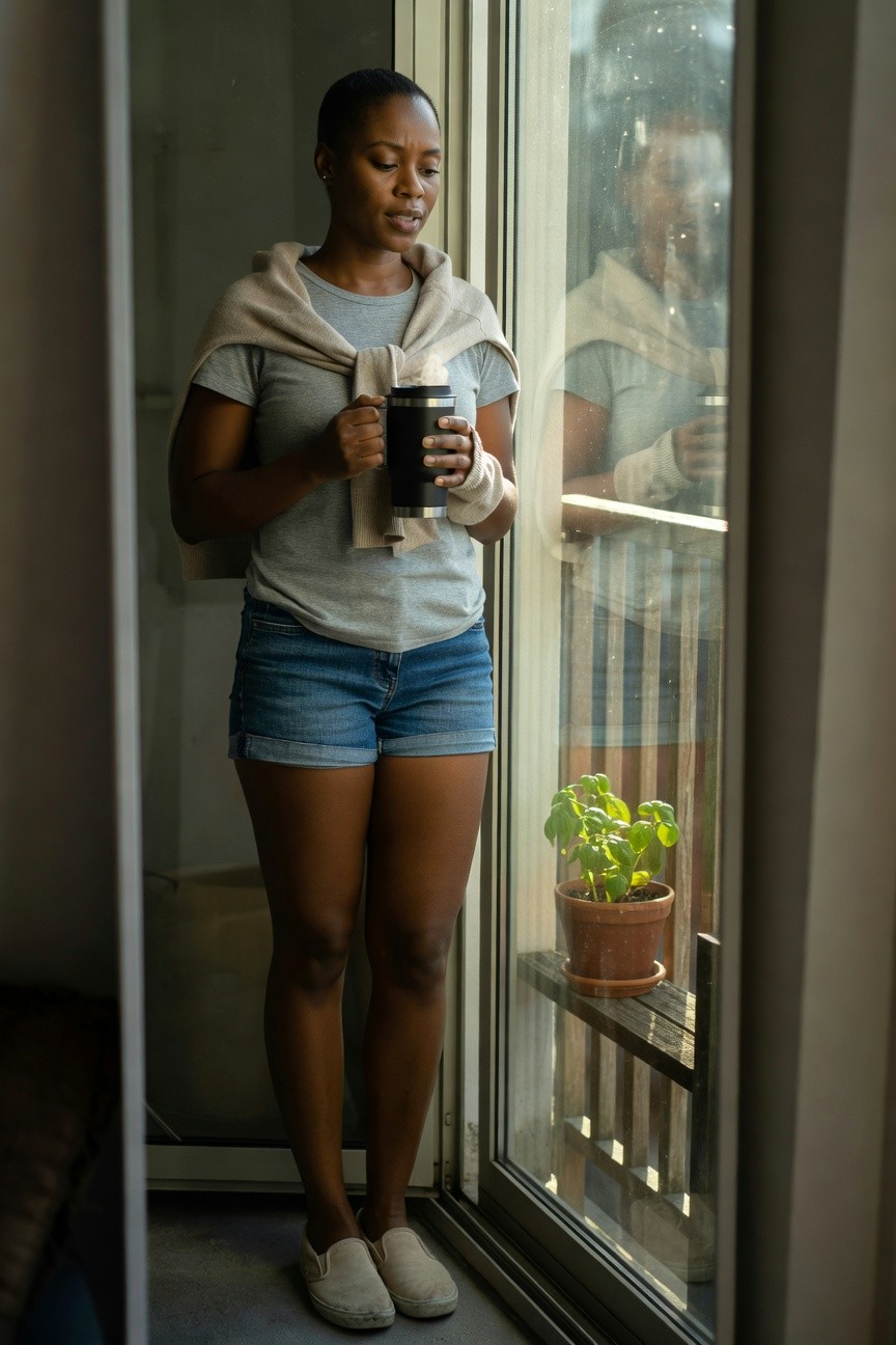 Black woman in gray tee, blue denim shorts, beige sweater draped over shoulders, white wrist warmers, and light slip on shoes holding a black travel mug indoors by a window.