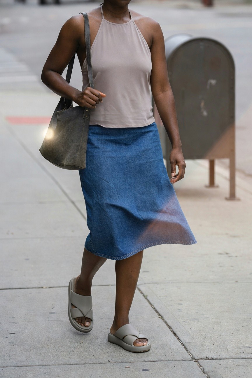 Woman in a beige halter neck tank top, blue denim midi skirt with faded hem, and gray cross-strap slide sandals carrying a gray suede tote bag.