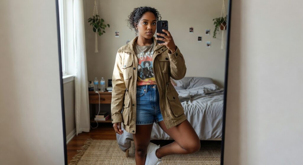 Woman in mirror selfie wearing khaki utility jacket over black graphic band tee tucked into blue denim shorts paired with white sneakers.