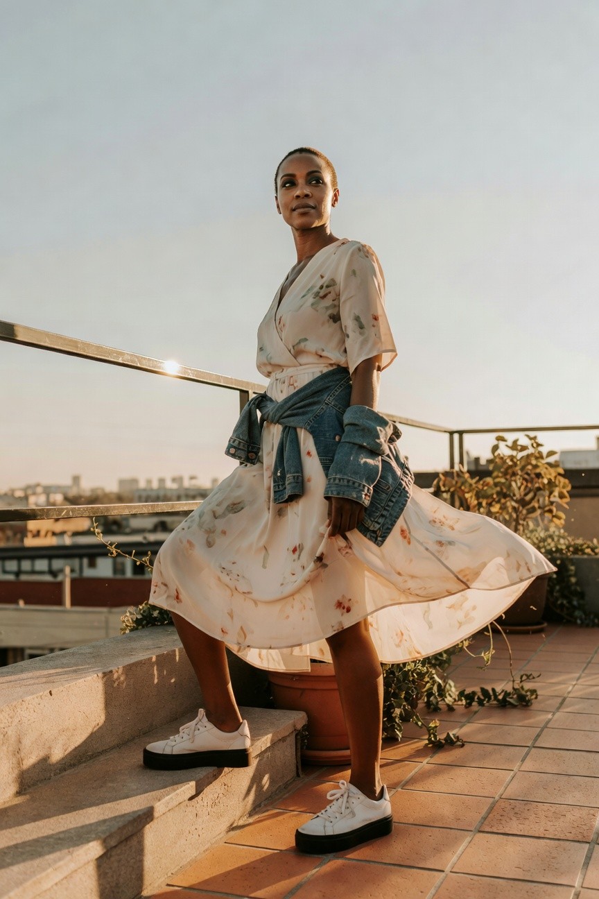 Floral Midi Dress With Denim Jacket Tied At The Waist
