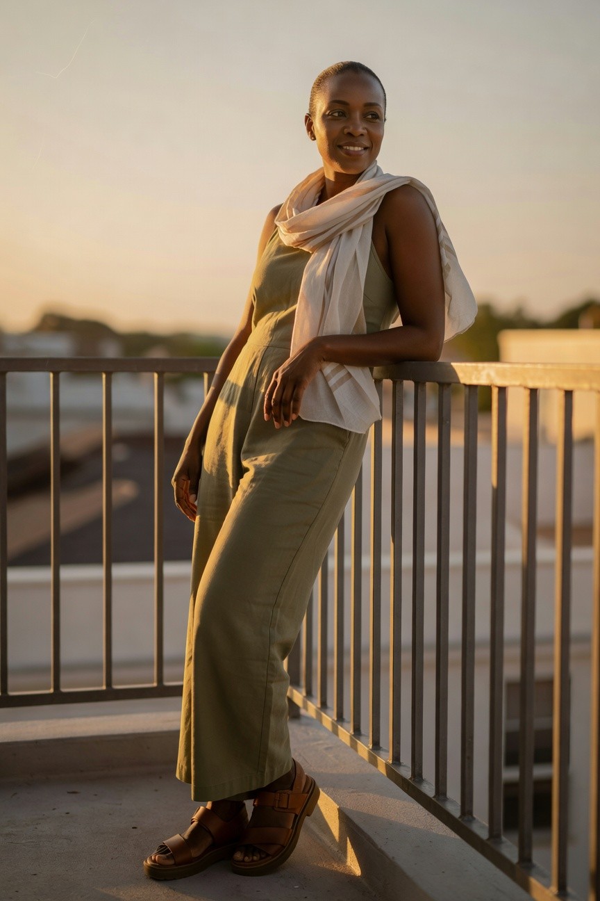 Olive Green Jumpsuit With A Soft Scarf