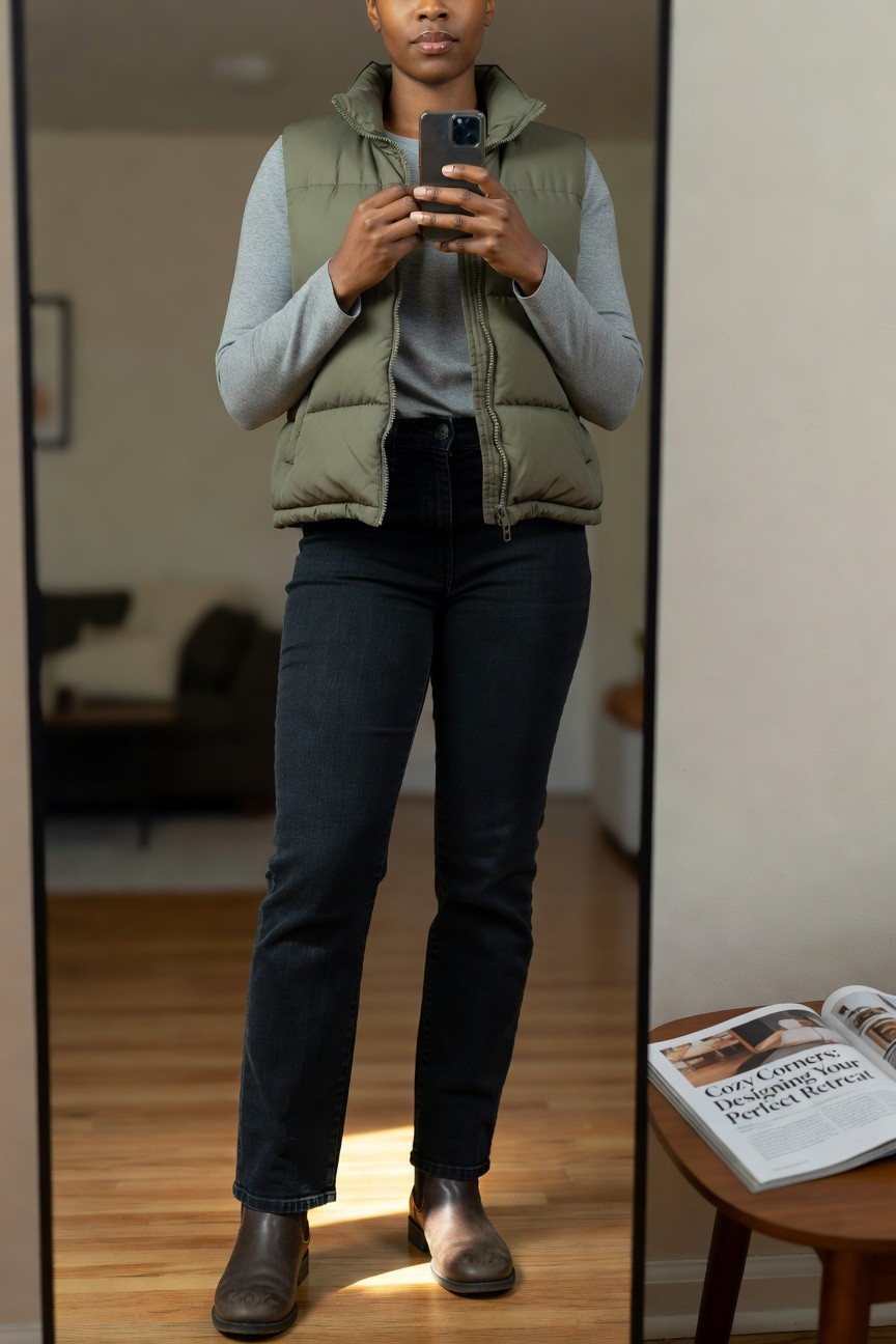 Puffer Vest Layered With Jeans And Boots