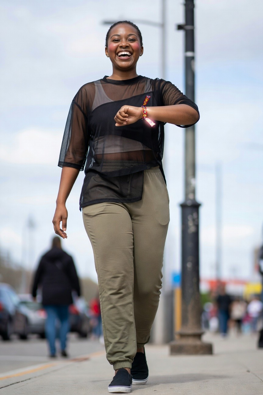 Sheer Top With Olive Joggers For Walking Around