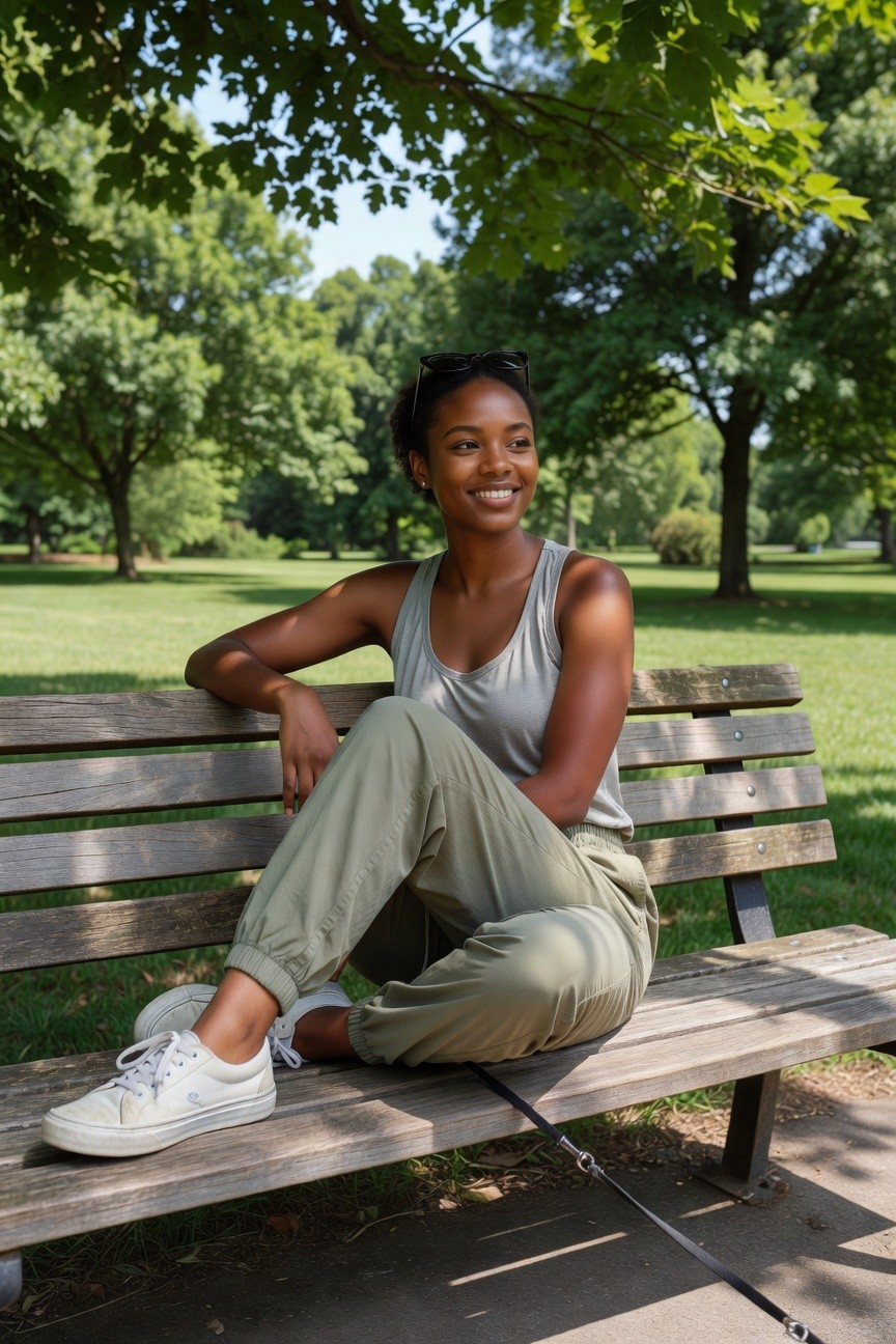 Black woman in a gray ribbed tank top, sage green cargo pants with drawstring cuffs, and white sneakers seated on a wooden park bench with a dog leash visible nearby