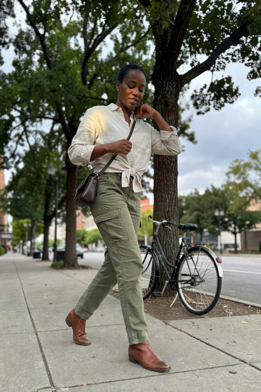 Tied Button Down Over Olive Cargos