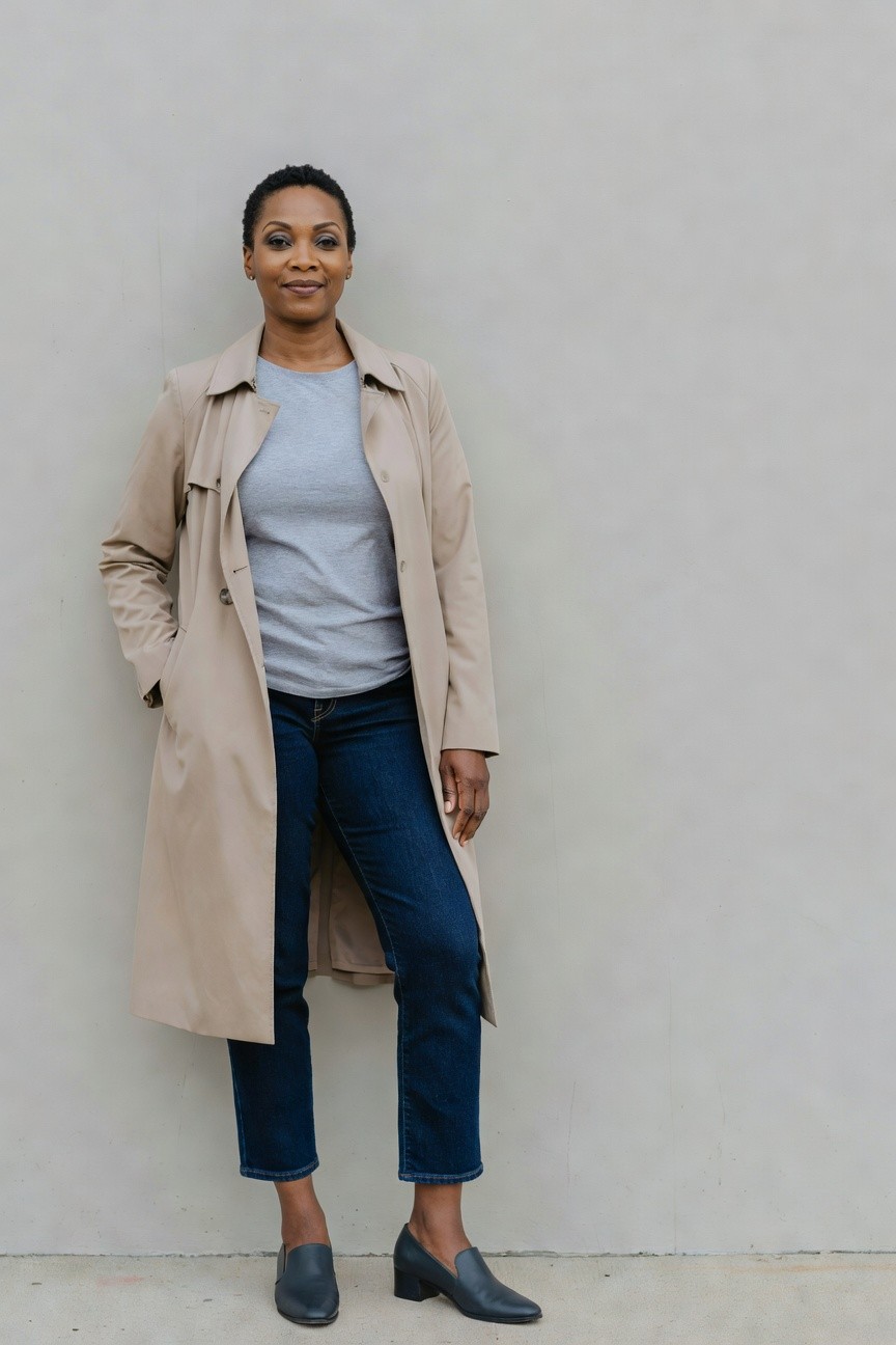 Woman in a beige trench coat over a gray t-shirt and cropped blue jeans with black heeled loafers standing against a plain wall.