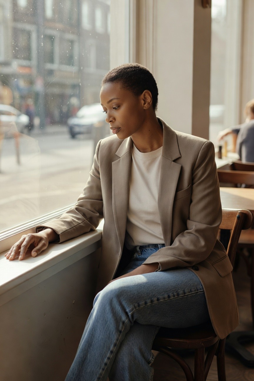 Woman wearing a beige oversized blazer over a white t-shirt with blue jeans while seated by a window in a relaxed pose.